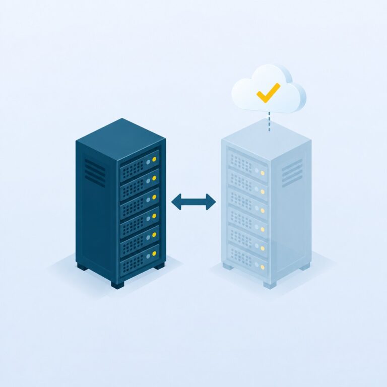Respaldo de servidores: un rack y su réplica lista para arrancar, con la copia verificada en la nube