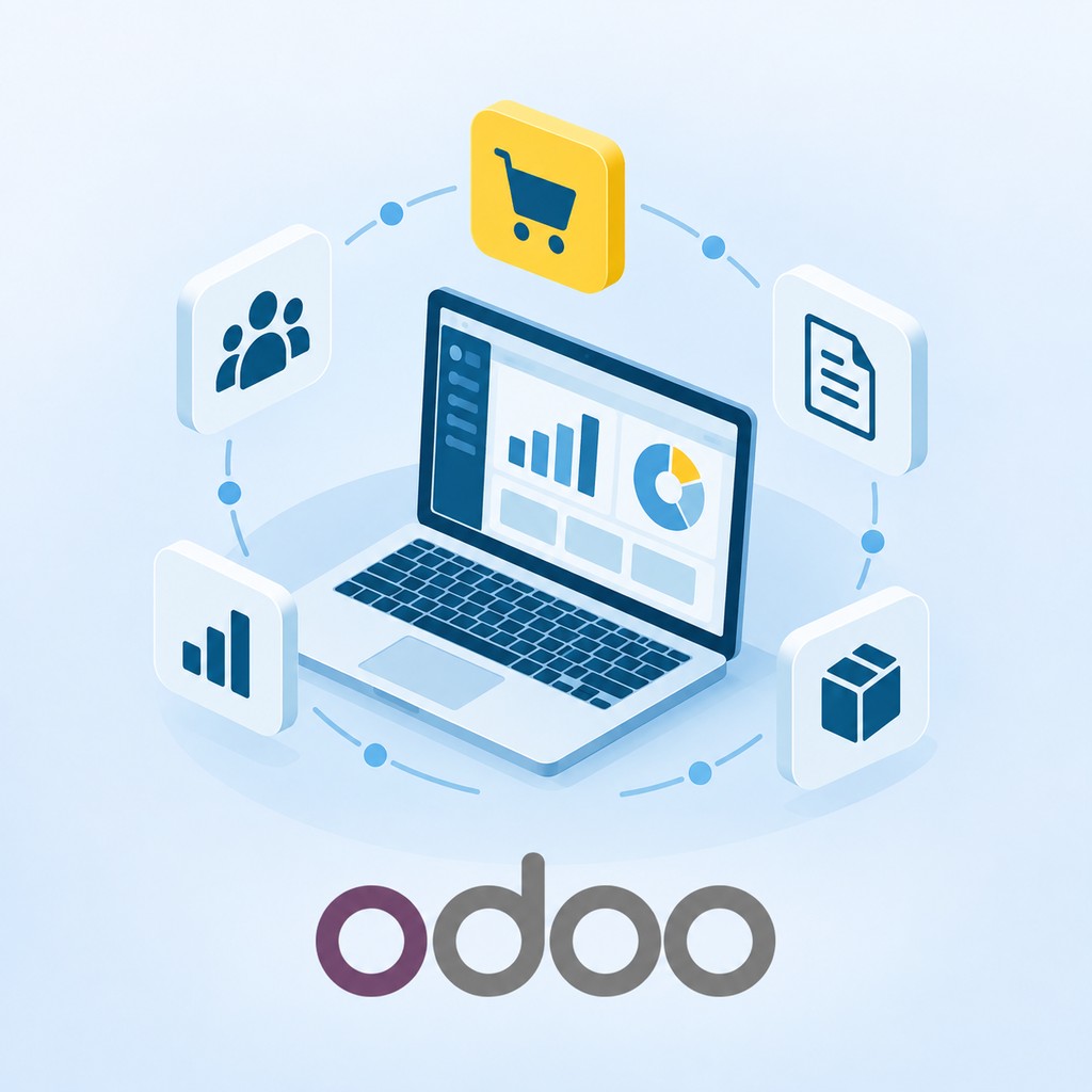 Software de gestión Odoo: un portátil con el panel de gestión y los módulos de ventas, facturación, almacén y personas