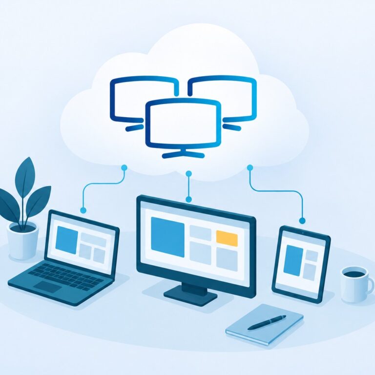 Escritorio en la nube: un monitor, un portátil y una tableta conectados a la misma nube con los tres monitores de escritorioenlanube.com