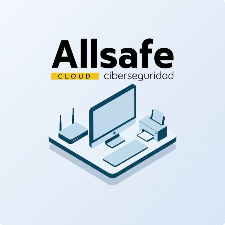 Servidores AllSafe Cloud ciberseguridad: ordenador, router e impresora de una oficina pequeña bajo el logotipo de Allsafe