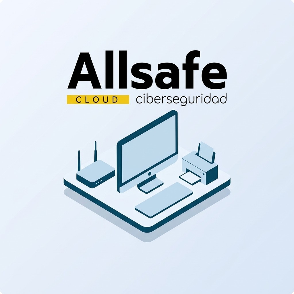 Servidores AllSafe Cloud ciberseguridad: ordenador, router e impresora de una oficina pequeña bajo el logotipo de Allsafe