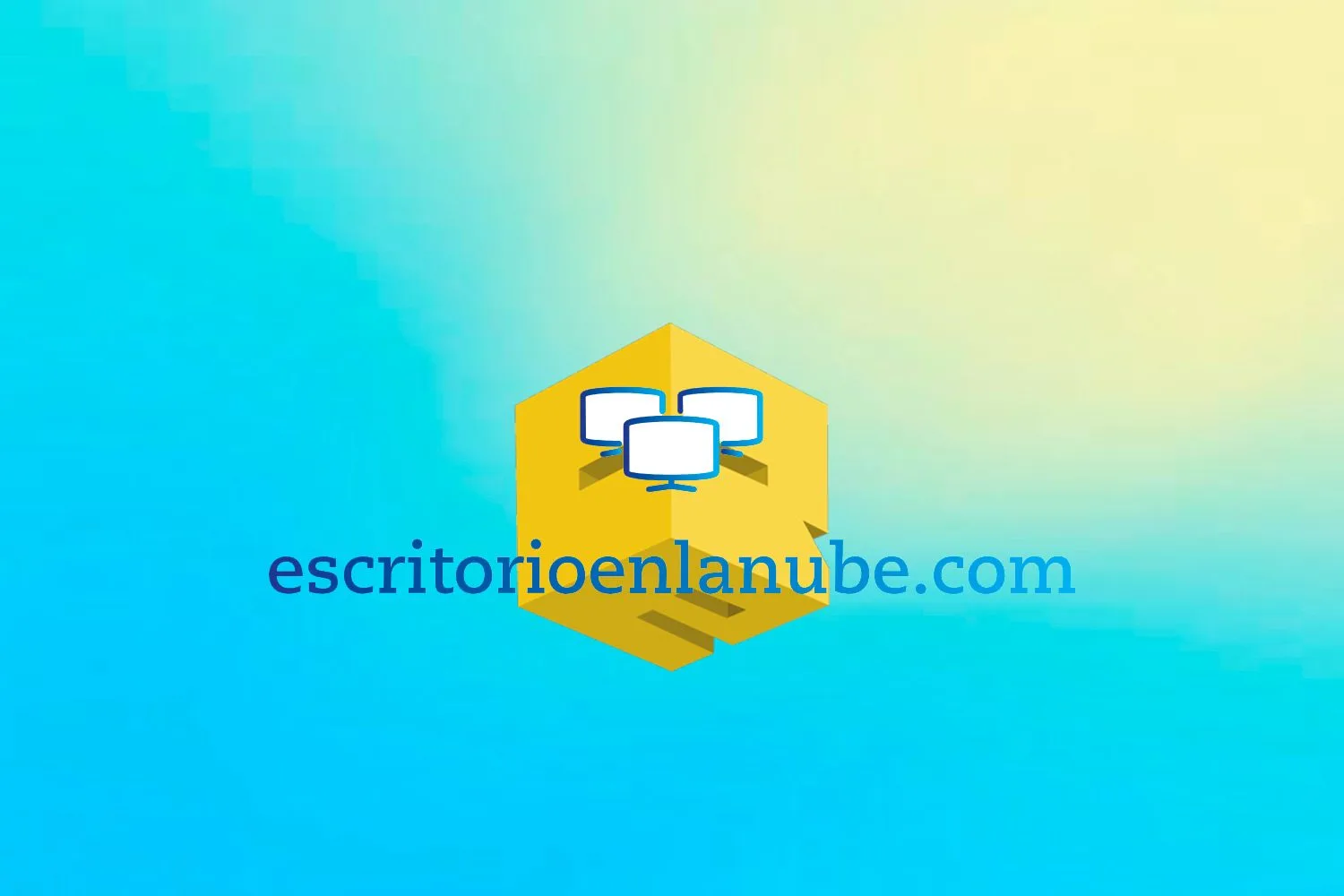 Logotipo de escritorioenlanube.com sobre un fondo azul y amarillo