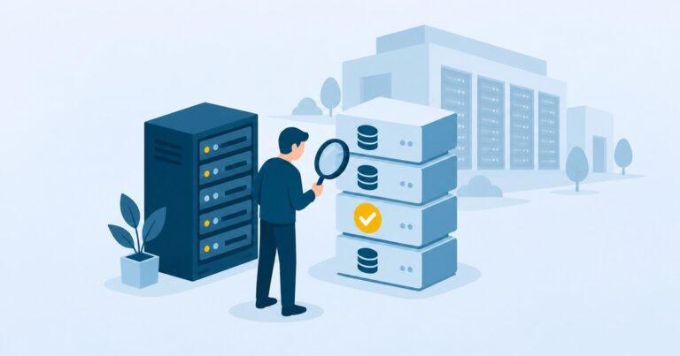 Backup gestionado: un técnico revisa con lupa las copias de seguridad de un servidor