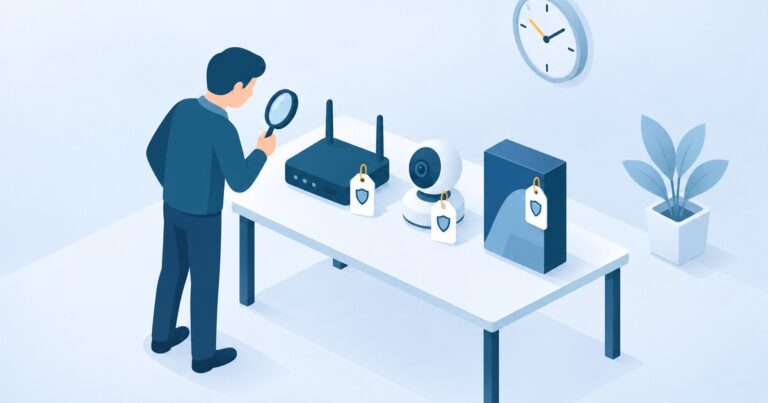 Ley de Ciberresiliencia: un inspector revisa con lupa un router, una cámara IP y un software etiquetados