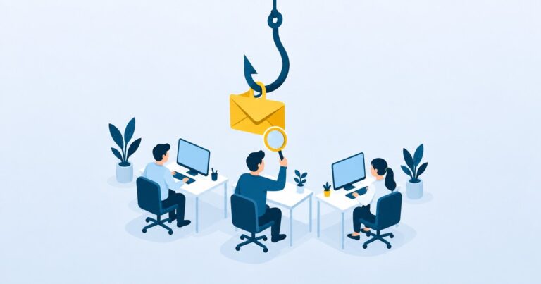 Phishing en empresas: un anzuelo con un sobre de correo como cebo y una persona que lo examina con lupa